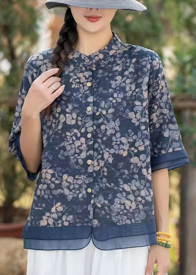 Green Stand Collar Print Linen Shirt Top Half Sleeve