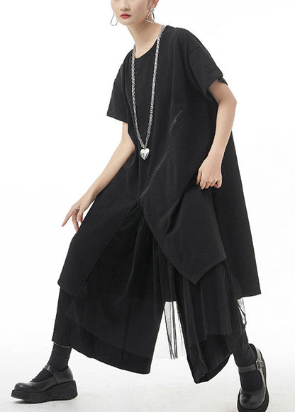 Black O-neck Asymmetrical Maxi Dress Short Sleeve