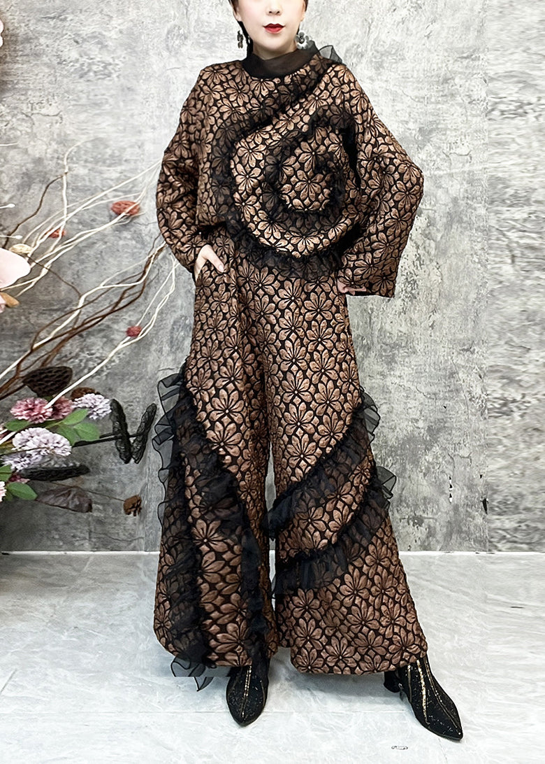 Original Coffee Ruffled Patchwork Tops and Pants Cotton Two Pieces Set Fall