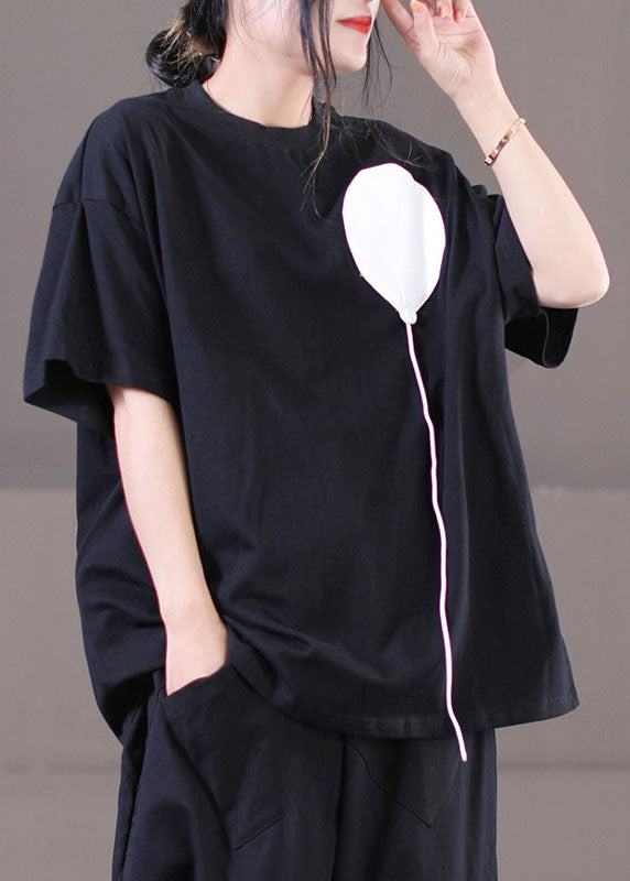 Black O-neck Patchwork Cotton Tanks Short Sleeve