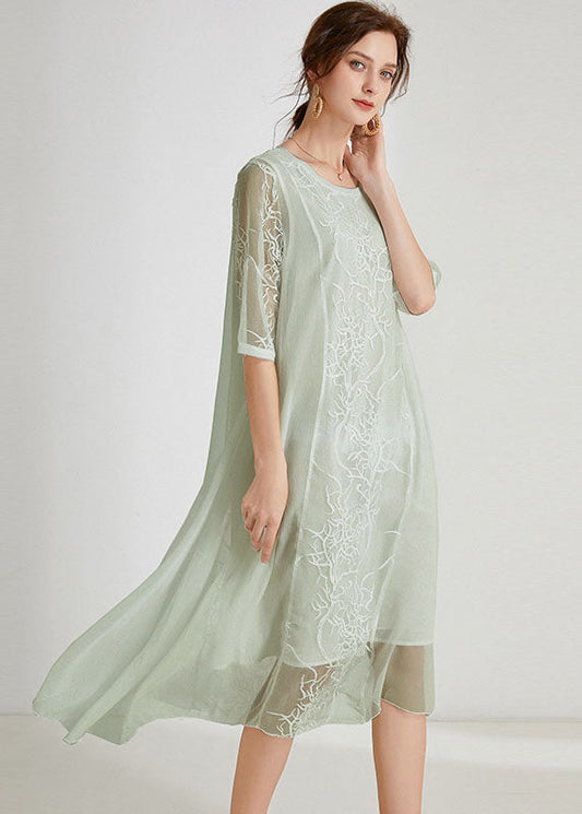 Light Green Asymmetrical Design Chiffon Dress Embroideried Half Sleeve