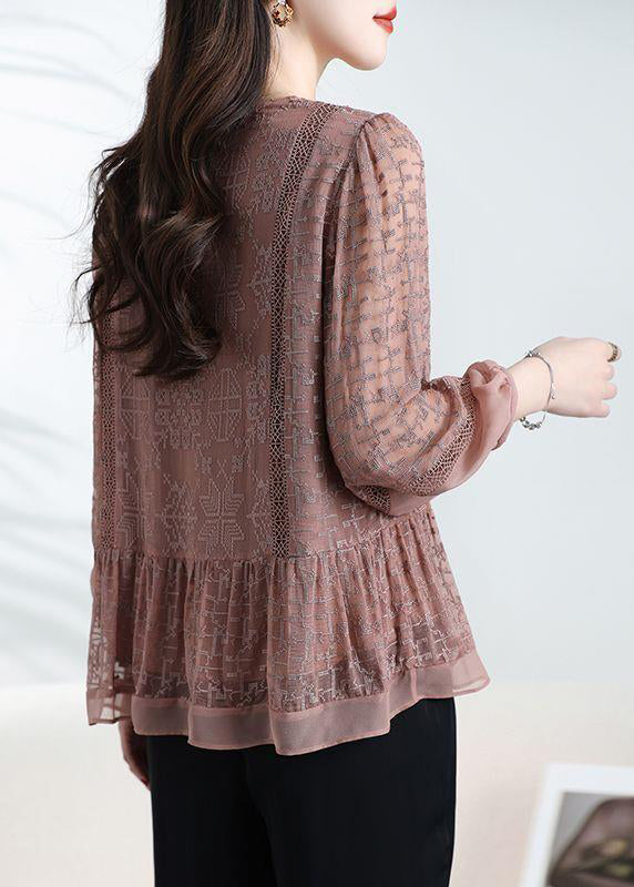 Loose Coffee O-neck Embroidered Patchwork Silk Top Bracelet Sleeve