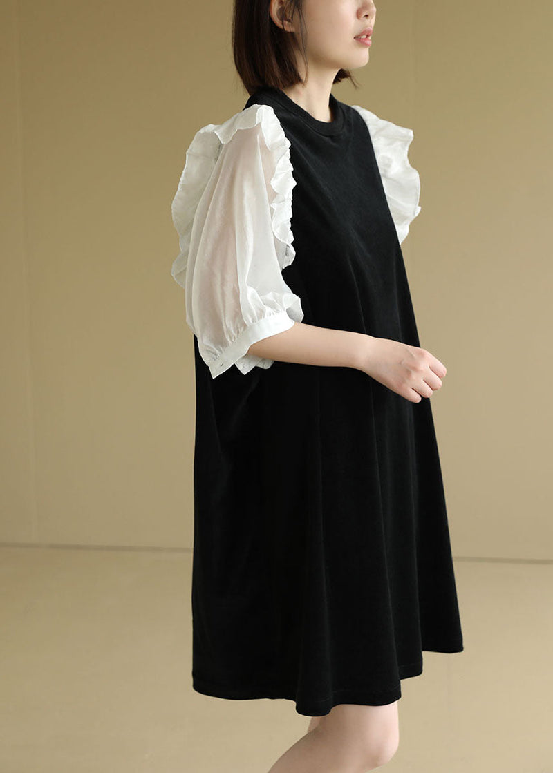 Black O-neck Patchwork Ruffles Velour a Line Dress Half Sleeve