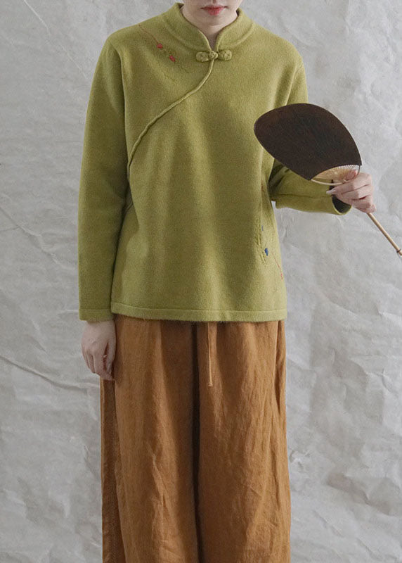 Style Yellow Retro Embroideried Fall Knit Tops