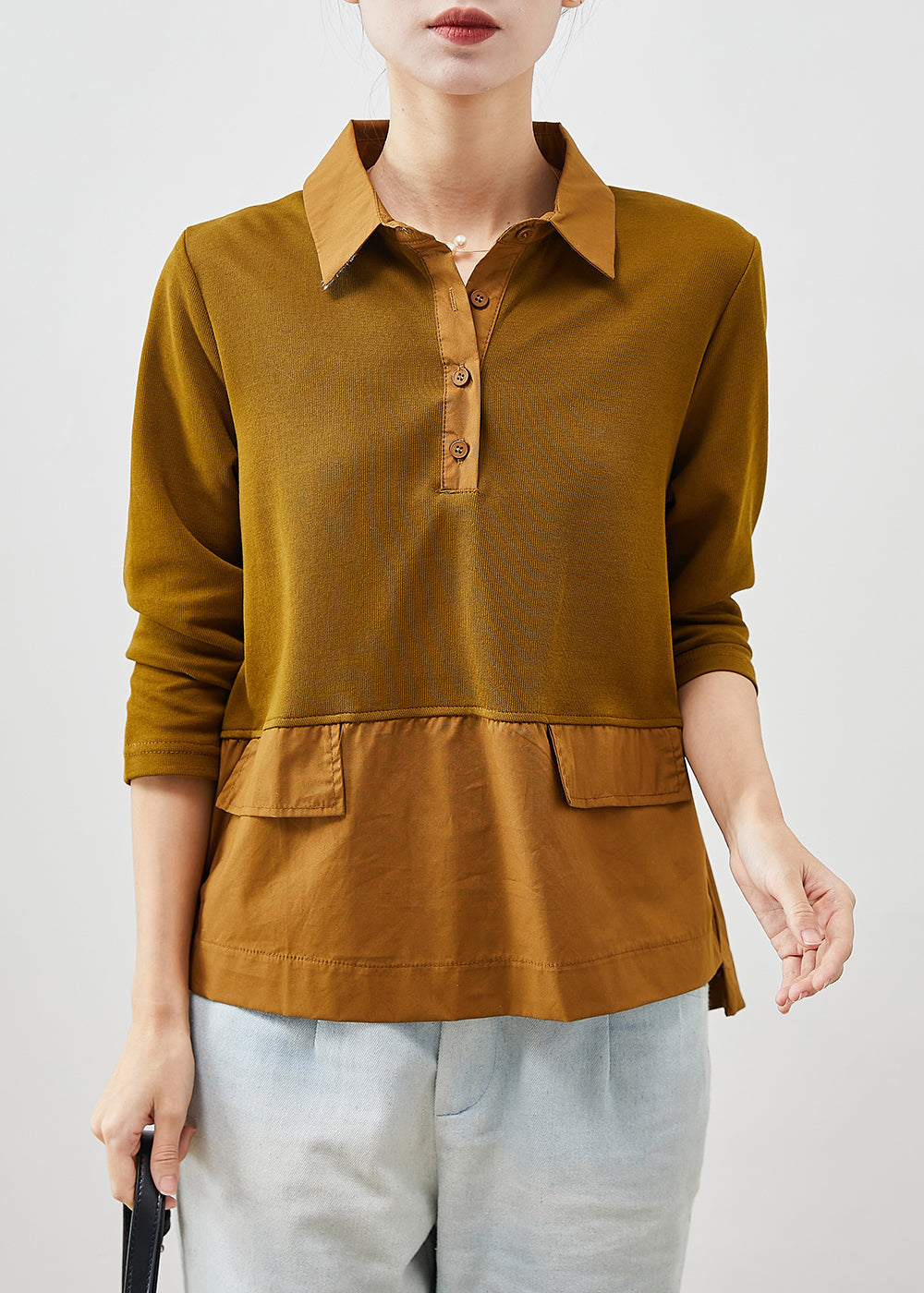 Brown Ruffled Patchwork Cotton Shirts Spring