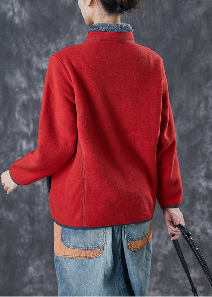 Simple Red Embroideried Warm Fleece Coat Winter
