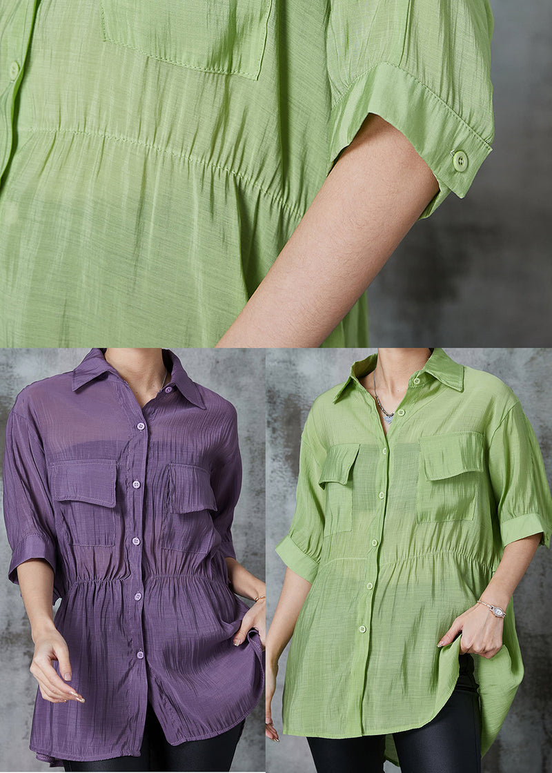 Purple Cinched Patchwork Silk Shirt Top Summer