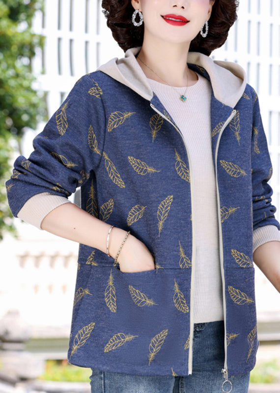 Navy Blue Zippered Patchwork Hoodies Coats Fall