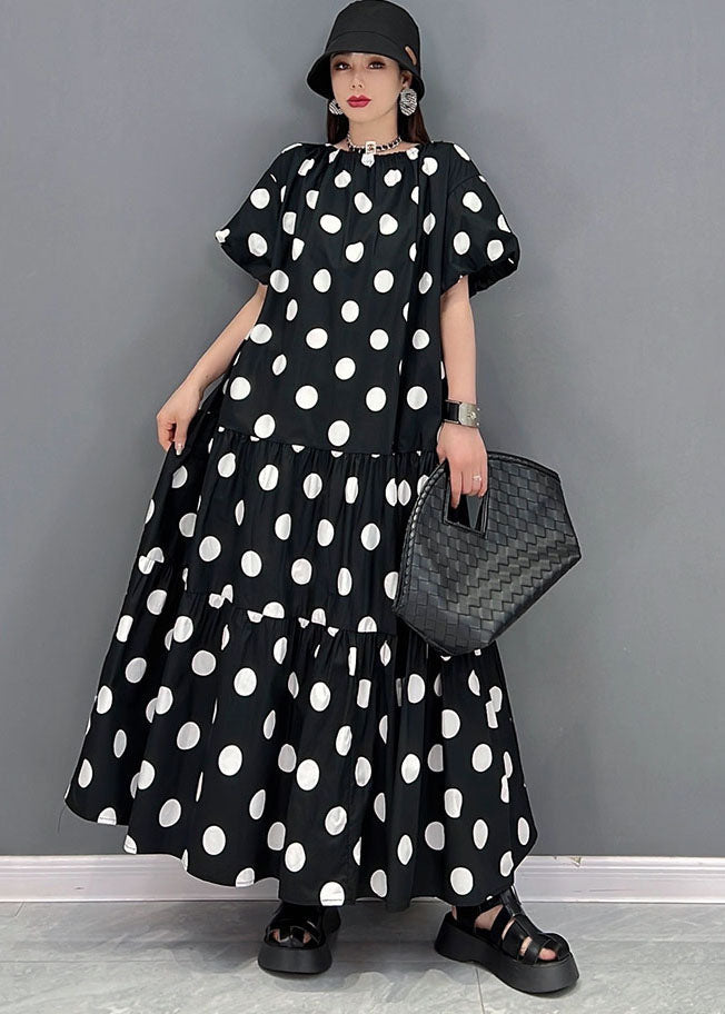 Loose Black O-neck Wrinkled Wear on Both Sides Cotton Long Dress Short Sleeve