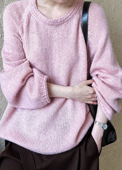 Loose Blue O Neck Knit Sweaters Long Sleeve