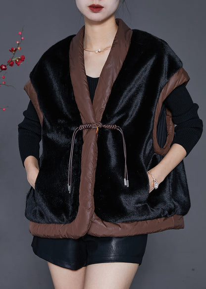 Black Chinese Button Patchwork Mink Velvet Vests Spring