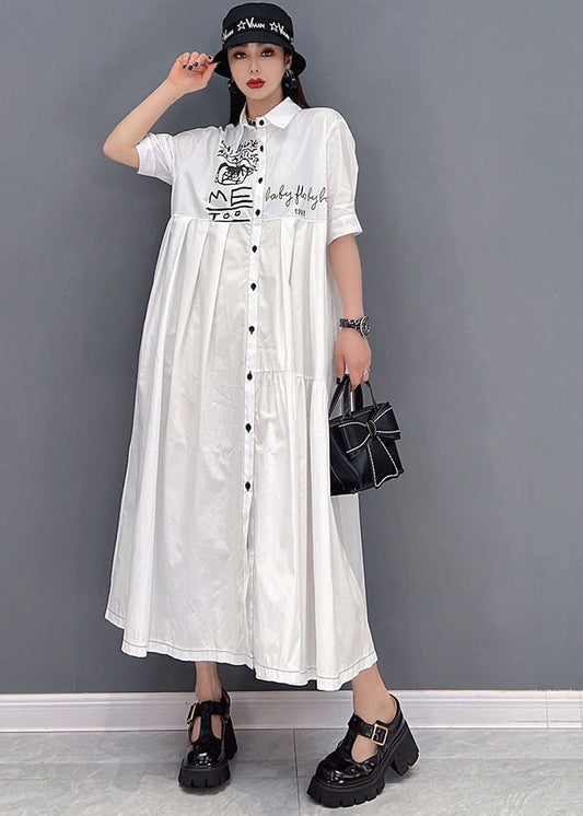 White Peter Pan Collar Print Wrinkled Cotton Party Shirt Dress Short Sleeve