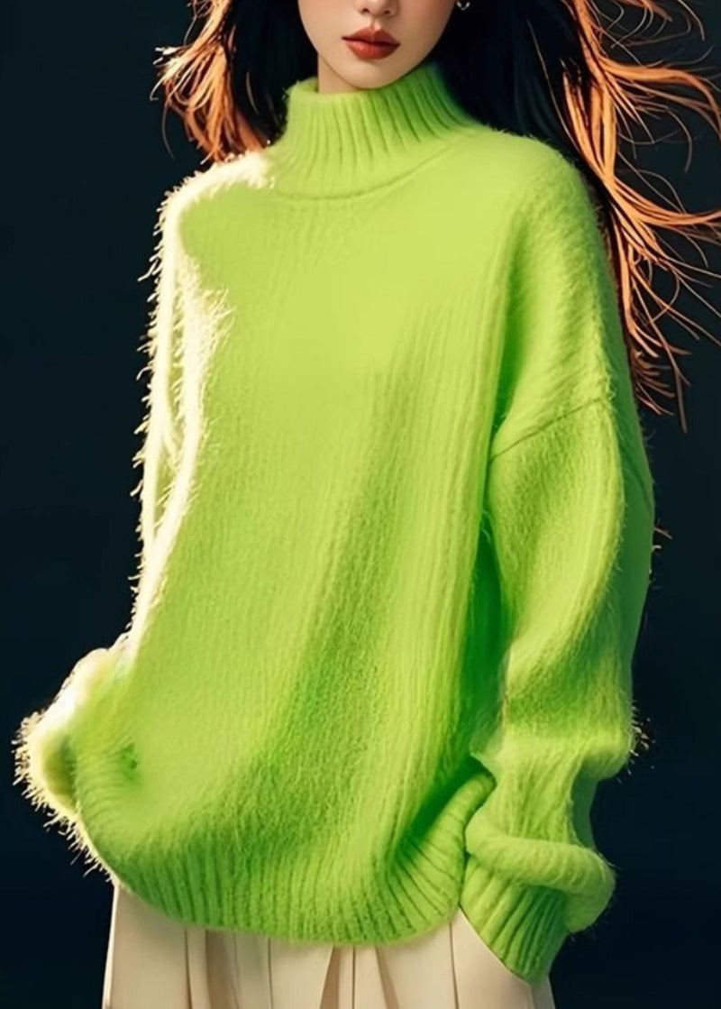Green Hign Neck Patchwork Knit Sweater Tops Spring