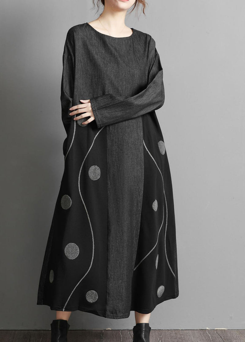 Black Pockets Patchwork Denim Maxi Dresses Embroideried Spring