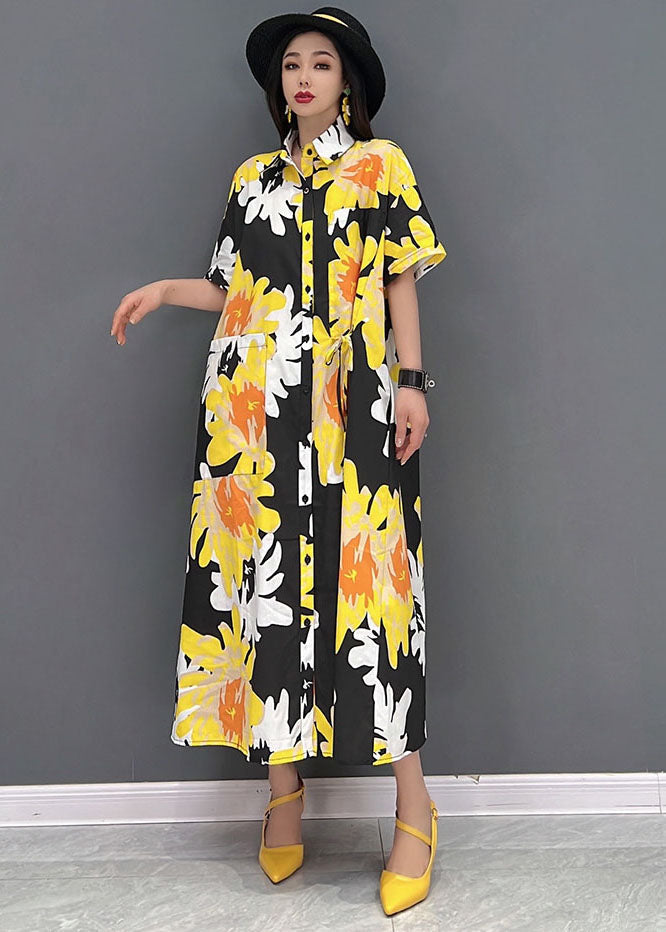 Yellow Peter Pan Collar Print Pockets Chiffon Maxi Dress Short Sleeve