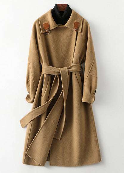 Camel Square Collar Tie Waist Woolen Long Coats Fall