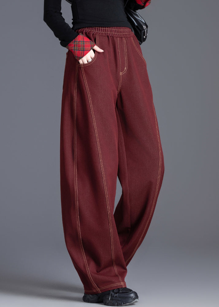 Wine Red Elastic Waist Patchwork Denim Pants Spring
