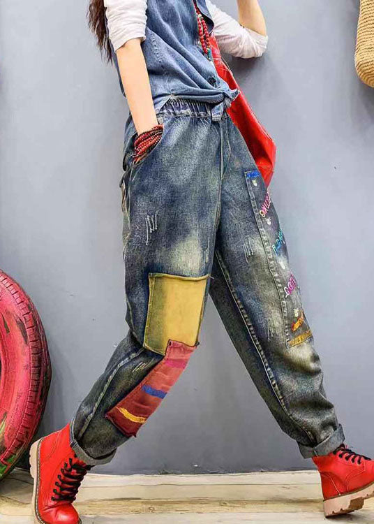 Blue Patch Applique Denim Harem Pants