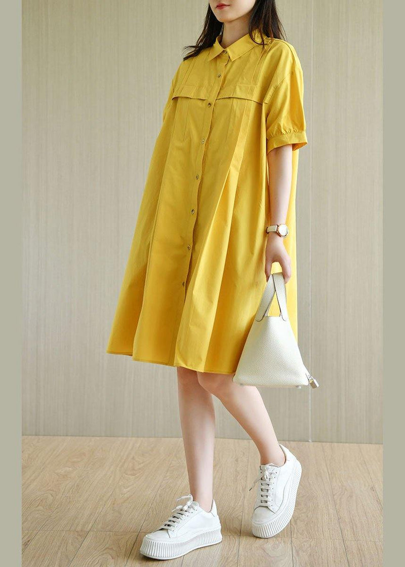 Simple Yellow Loose Peterpan Collar Button Summer Cotton Dresses