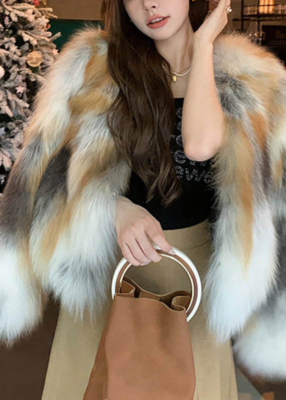 Unique Photo Color V Neck Print Leather and Fur Coats Spring