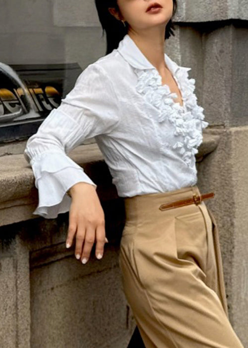 Stylish White V Neck Wrinkled Cotton Blouse Fall
