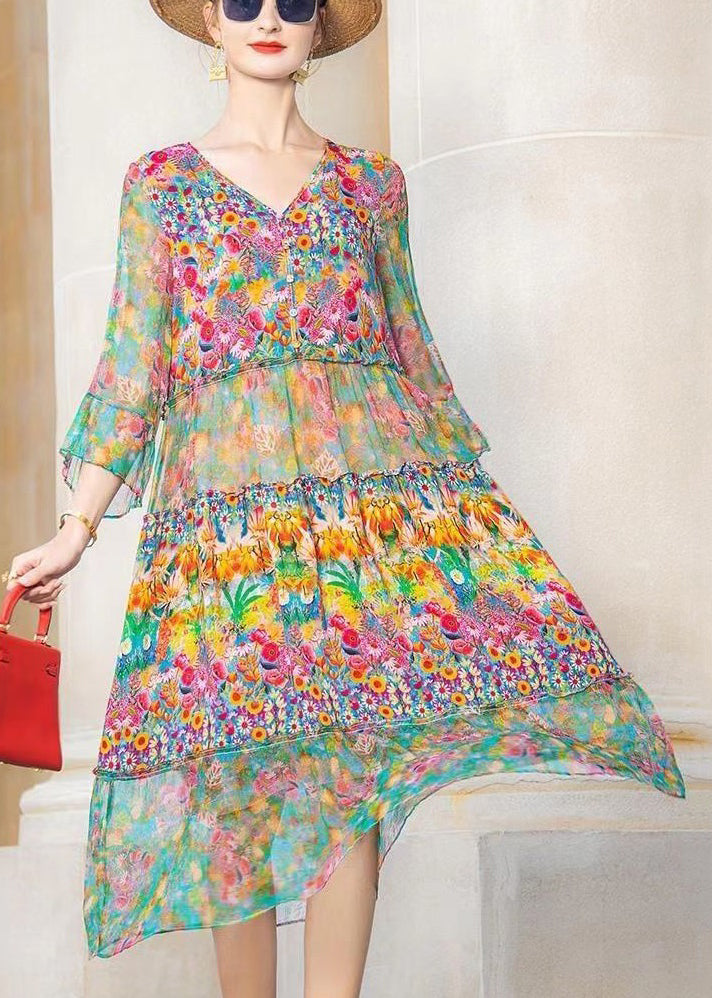 Colorblock V Neck Print Patchwork Chiffon Dresses Bracelet Sleeve