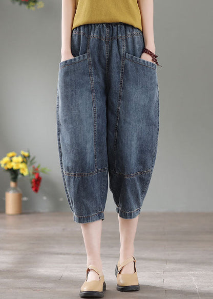 Denim Blue High Waist Pockets Cotton Crop Pants Summer