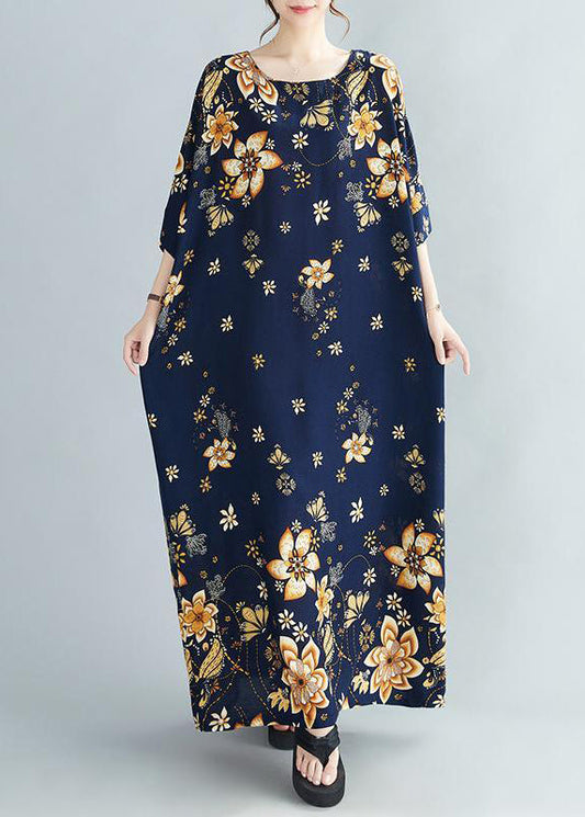 Blue Print Pockets Cotton Long Dresses Half Sleeve
