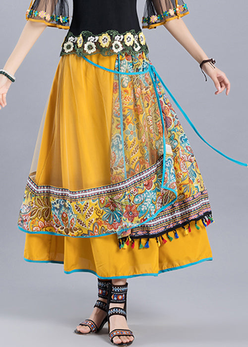 Yellow Print Lace Up Tulle Patchwork Skirt Summer