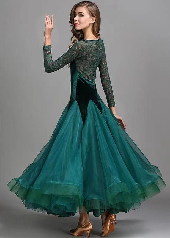 Blackish Green V Neck Patchwork Velour Dance Dress Long Sleeve