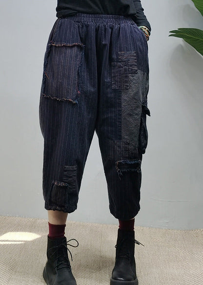 Navy Elastic Waist Pockets Patchwork Pants Spring