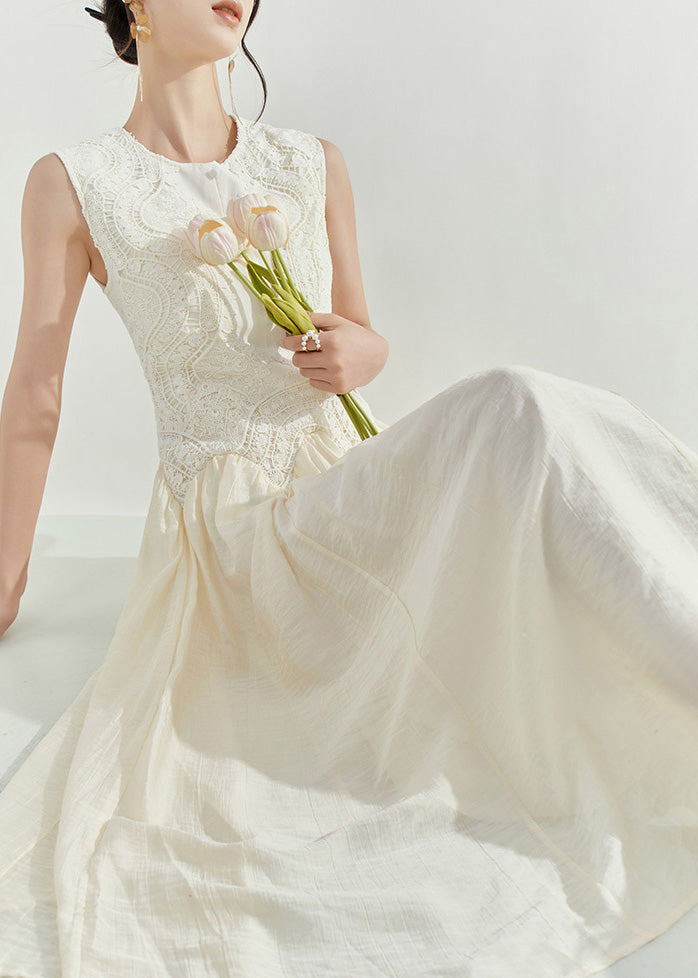 White O-neck Embroidered Patchwork Holiday Long Dress Summer