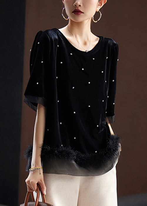 Black Zircon Fluffy Patchwork Silk Velour T Shirt Short Sleeve
