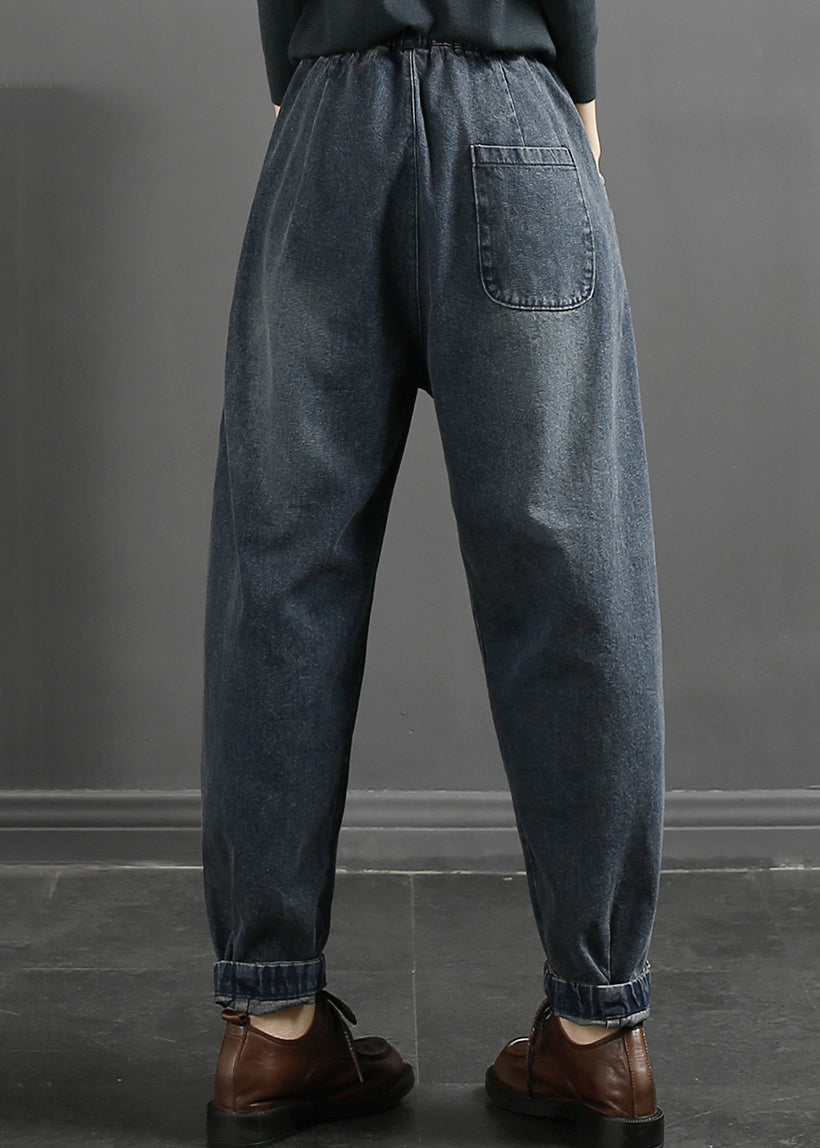 Blue Pockets Lace Up Elastic Waist Jeans Fall
