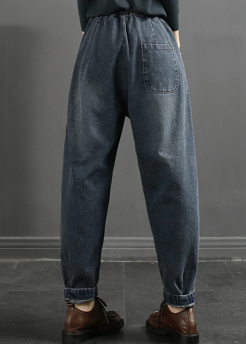 Blue Pockets Lace Up Elastic Waist Jeans Fall