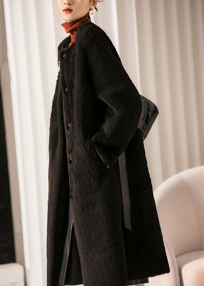 Black O Neck Pocketspatchwork Wool Coat Winter