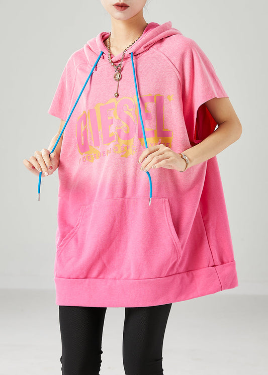 Pink Hooded Letter Pockets Cotton Sweatshirt Summer