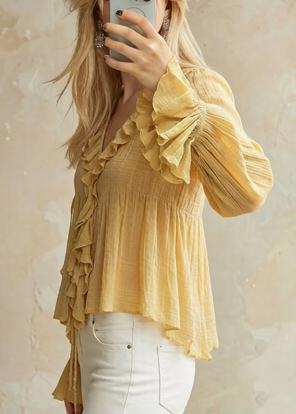 Original Design Yellow Ruffled Lace Up Cotton Blouse Flare Sleeve
