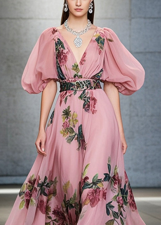 Pink Print Silm Fit Chiffon Vacation Dresses Exra Large Hem Puff Sleeve Summer