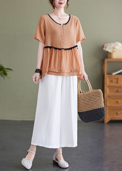 Orange O-neck Patchwork Linen Tops and Wide Leg Pants Two Pieces Set Summer