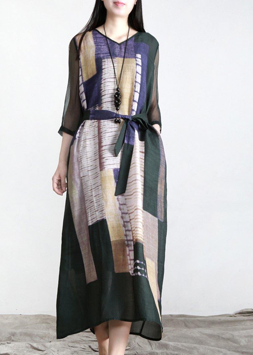 Loose Blackish Green Print Linen Maxi Dresses Half Sleeve