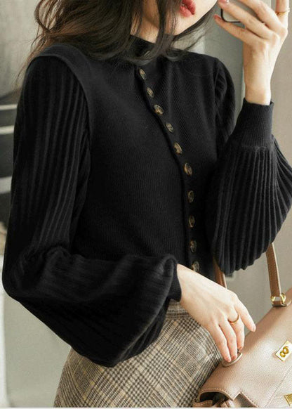 Natural Khaki Retro Button Lantern Sleeve Slim Fit Fall Sweater