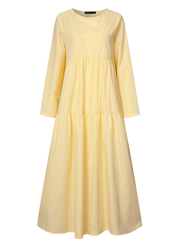 Art Yellow Patchwork Loose Linen Dress Long Sleeve