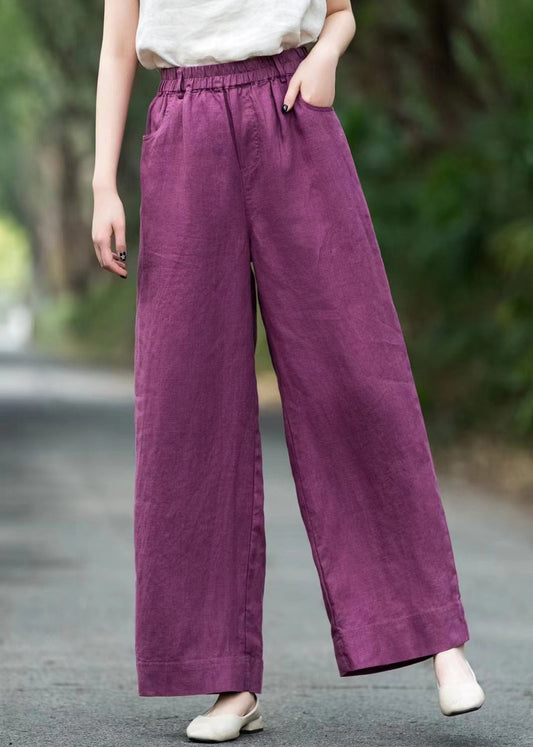 Loose Purple Pockets Elastic Waist Linen Pants Summer
