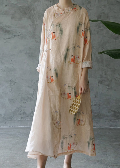 Light Pink Mandarin Collar Print Patchwork Linen Long Dress Long Sleeve