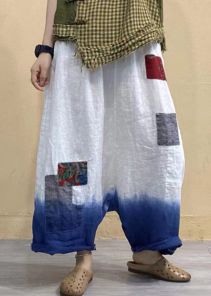 White Pockets Patchwork Elastic Waist Gradient Color Linen Pants Summer