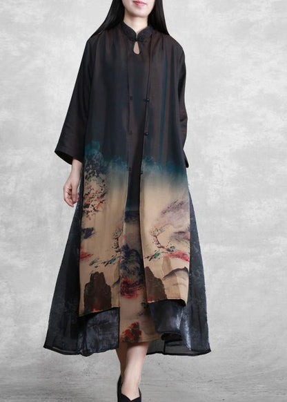 Mountain Paitings Satin Outfit Two Pieces Kaftan Dress