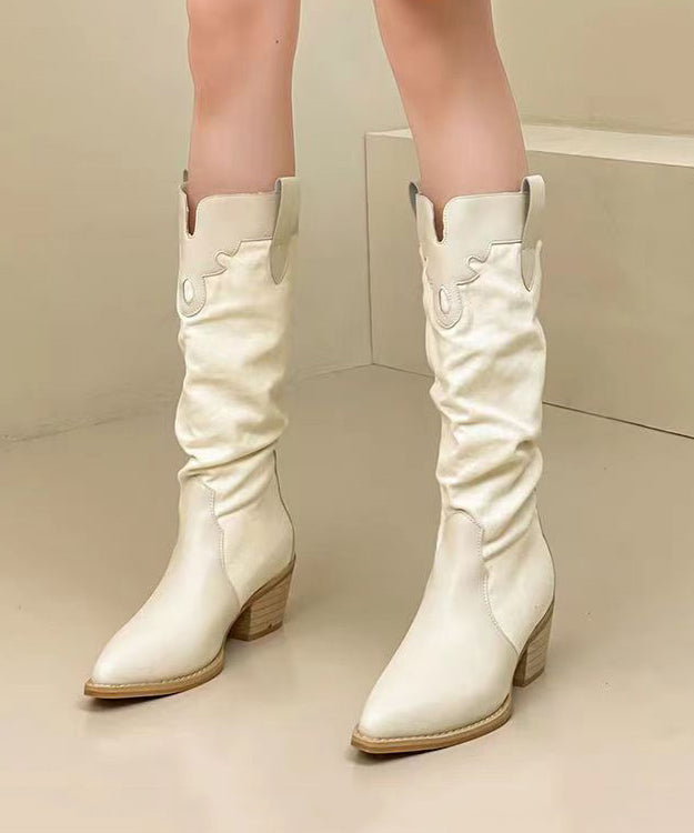 Black Long Boots Splicing Chunky Pointed Toe