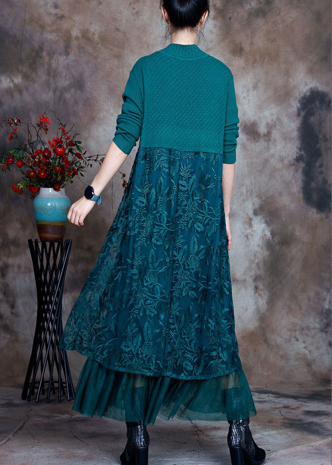 Blue Slim Fit Lace Patchwork Knit Fall Wool Dress