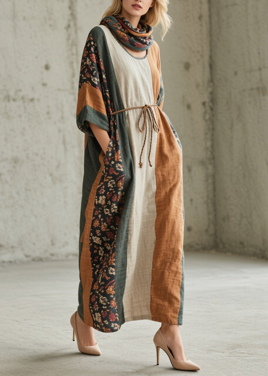 Unique Colorblock O Neck Print Cotton Long Dress Fall